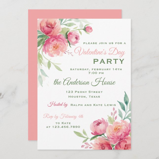 Peonies Floral Valentines Day Party Invitation (Front/Back)