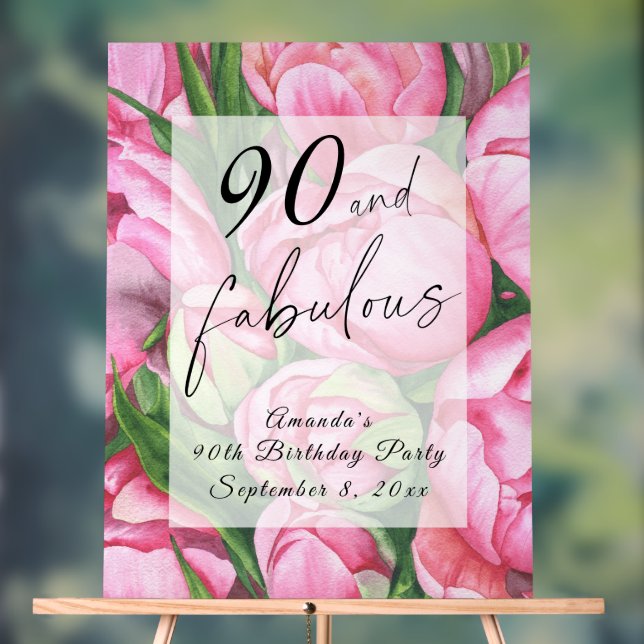Peonies flowers 90th Birthday Party Acrylic Sign (Neutral)