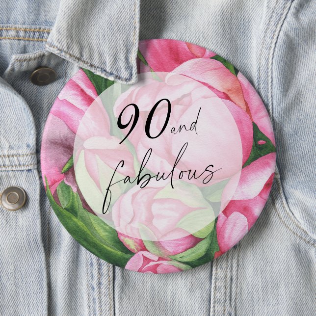 Peonies flowers 90th Birthday Party Button (In Situ)