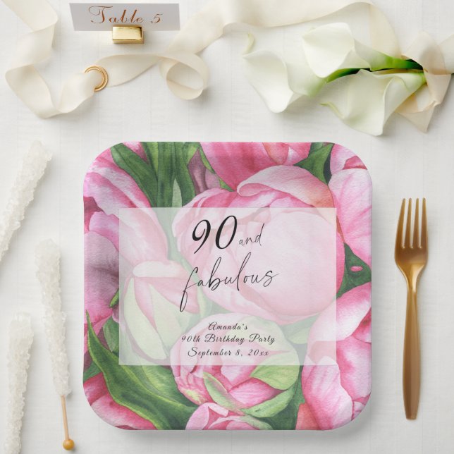 Peonies flowers 90th Birthday Party  Paper Plates (Wedding)