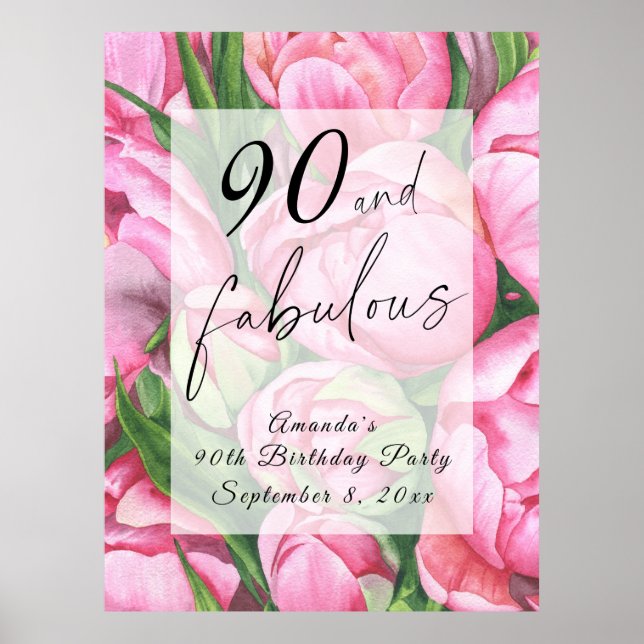 Peonies flowers 90th Birthday Party Poster (Front)