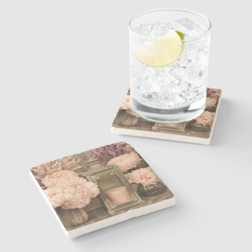 Peonies Flowers Candle Lanterns and Crates Stone Coaster