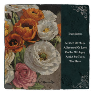 Peonies Flowers Menu Vintage Rustic Green Stone Trivet