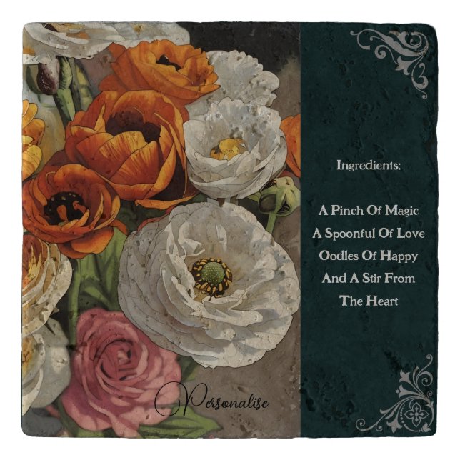 Peonies Flowers Menu Vintage Rustic Green Stone  Trivet (Front)