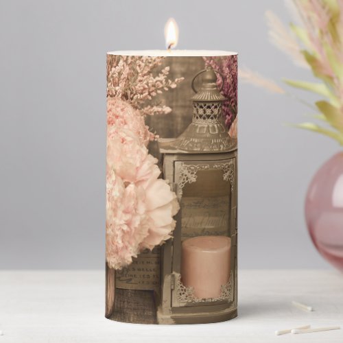 Peonies Flowers w Candle Lanterns and Crates  Pillar Candle