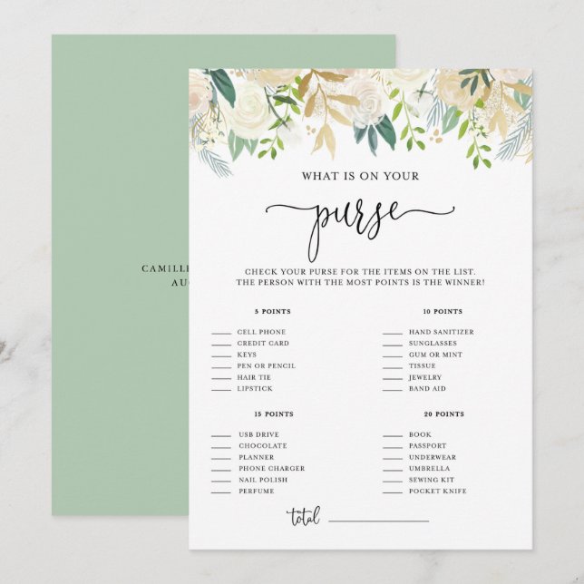 Peonies Gold Glitter What's on Your Purse Shower Invitation (Front/Back)
