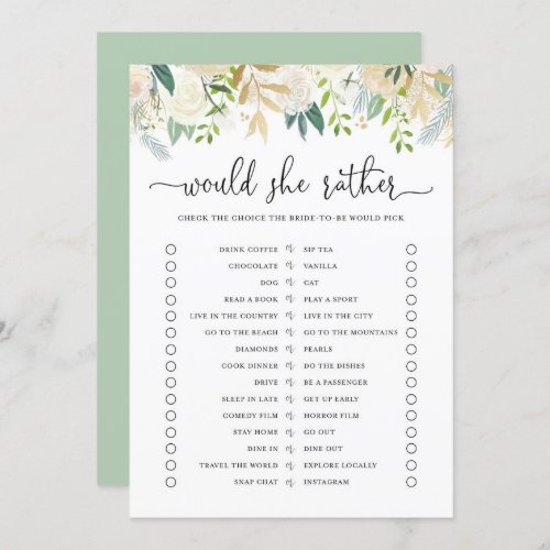 Peonies Gold Glitter Would Bride Rather Game Card