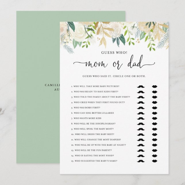 Peonies Gold Mom or Dad Baby Shower Game Card (Front/Back)