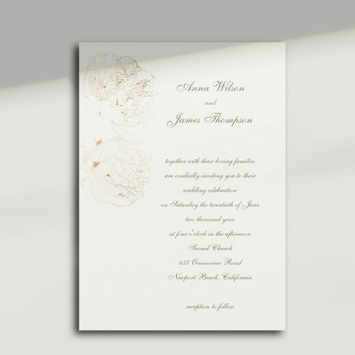 Peonies Gold Sketch Formal Calligraphy Wedding Invitation
