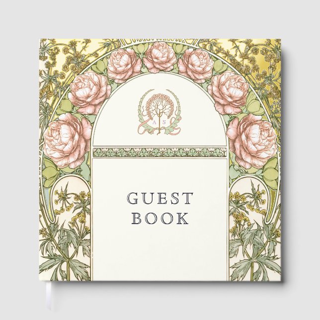 Peonies Gold Wedding Art Nouveau Foil Guest Book (Front)