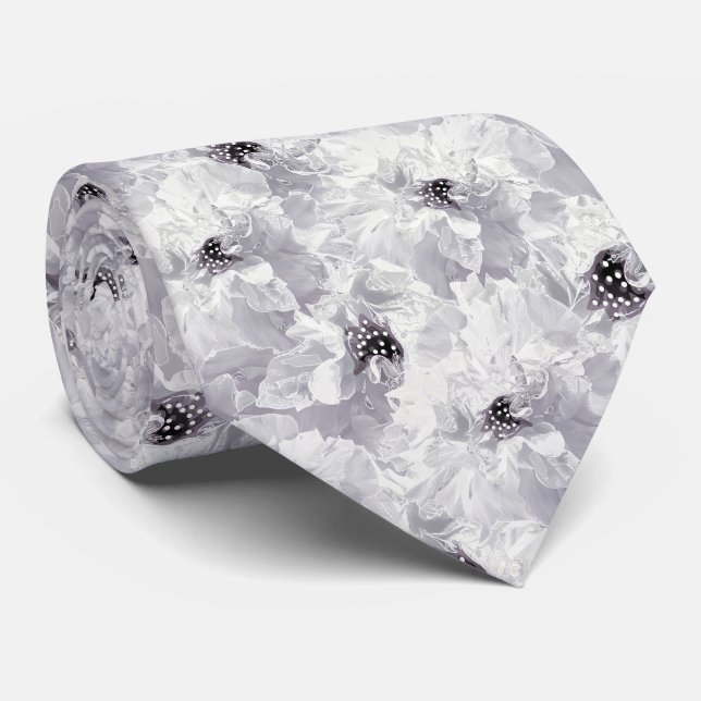 Peonies, grey and white, floral, white flowers neck tie (Rolled)