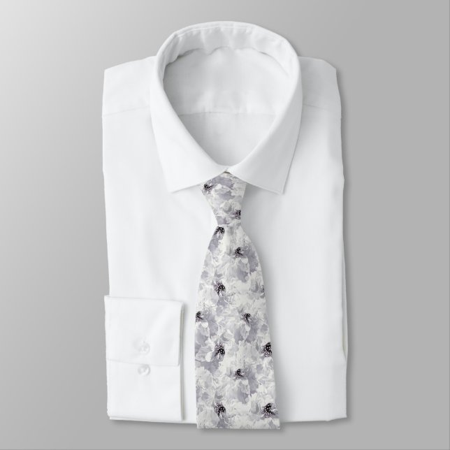 Peonies, grey and white, floral, white flowers neck tie (Tied)