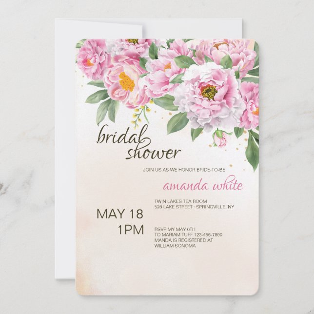 Peonies Hand-Drawn Bridal Shower Invitation (Front)