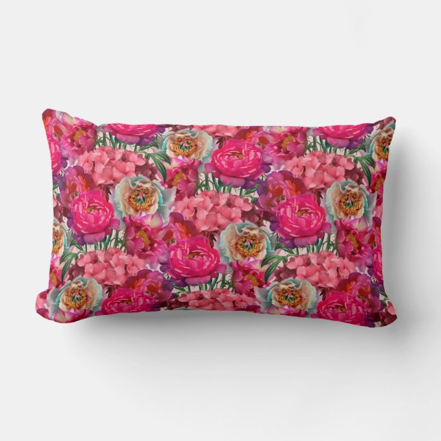 Peonies & Hydrangea Flowers Lumbar Pillow (Front)