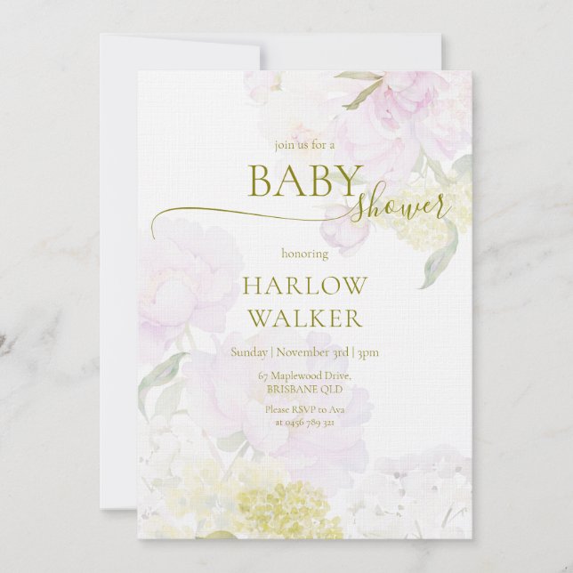 Peonies Hydrangea Pastel Watercolor Baby Shower Invitation (Front)