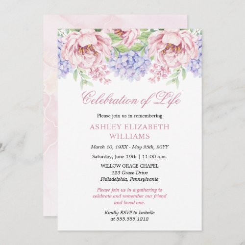 Peonies   Hydrangeas Floral Celebration of Life  Invitation