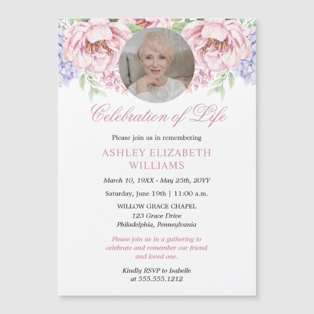 Peonies |  Hydrangeas Floral Celebration of Life Magnetic Invitation (Front)