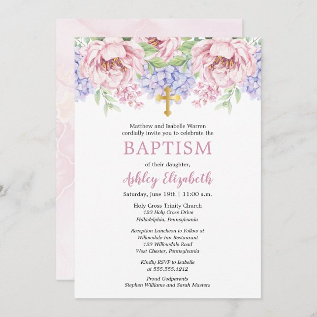 Peonies |  Hydrangeas Watercolor Floral Baptism Invitation (Front/Back)