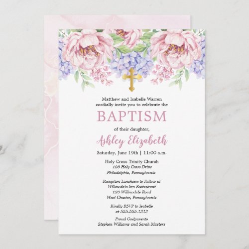 Peonies   Hydrangeas Watercolor Floral Baptism Invitation