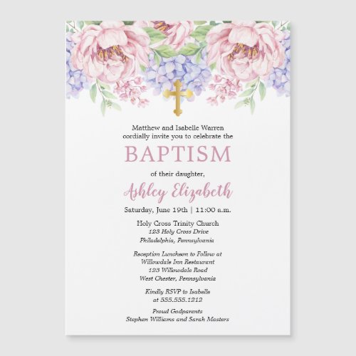 Peonies   Hydrangeas Watercolor Floral Baptism Magnetic Invitation