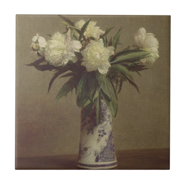 Peonies in a Blue and White Vase Ceramic Tile (Front)