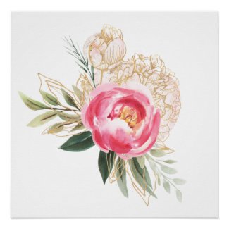 Peonies in Pink and Gold Watercolor Poster Print