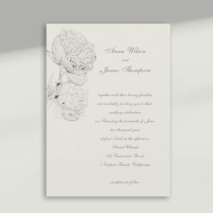 Peonies Ink Sketch Ecru Formal Calligraphy Wedding Invitation