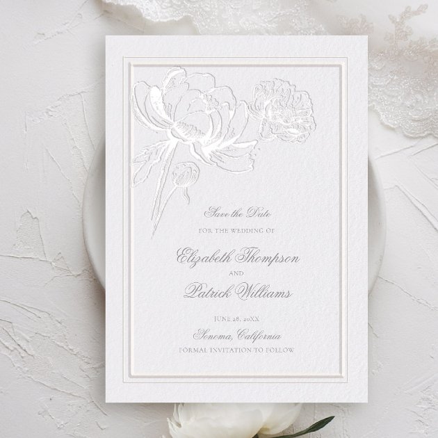 Peony ivory formal elegant wedding save the date with faux embossed double frame — Pencil Owl Studios