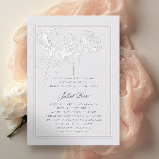 Peonies Ivory Elegant Frame Cross Modern Baptism Invitation (baptism invitation party card formal elegant double frame cross peony floral sketch ivory white )