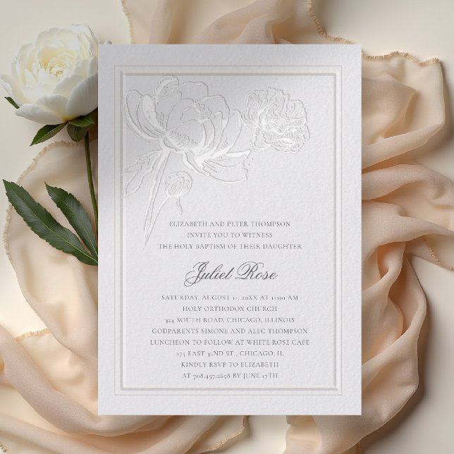 Peonies Ivory Formal Elegant Frame Modern Baptism Invitation (baptism invitation party formal elegant double frame peony floral sketch ivory white template)