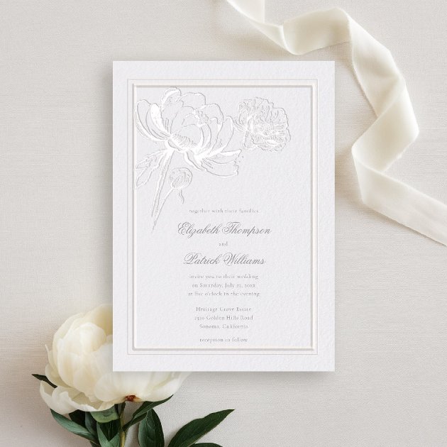 Peony ivory formal elegant wedding invitation with calligraphy and faux embossed double frame — Pencil Owl Studios