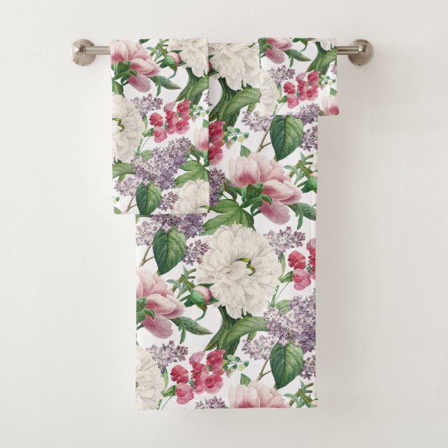 Peonies & Lilacs Flower Garden Watercolor Pattern Bath Towel Set (Insitu)