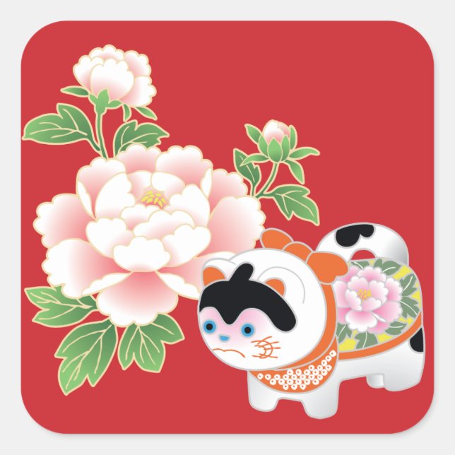 Peonies & Lion Dogs Japanese Kimono Pattern Square Sticker (Front)