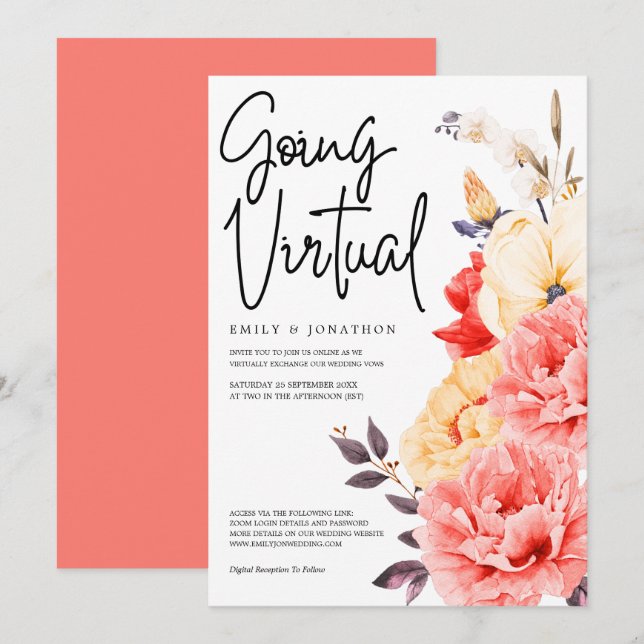 Peonies Magnolia Watercolor Going Virtual wedding Invitation (Front/Back)