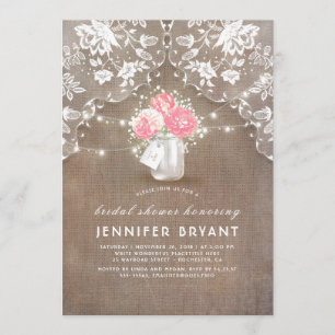 Peonies Mason Jar Lace and Burlap Bridal Shower Invitation