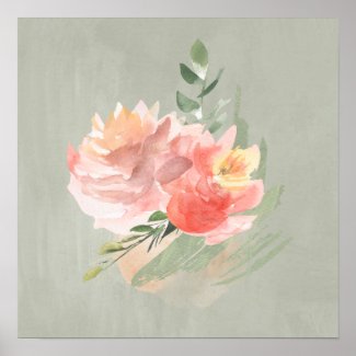 Peonies Peach and Golden on Taupe Poster