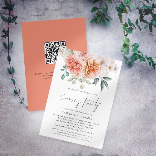 Peonies Peach Coral Qr Code Wedding Evening Party  Invitation