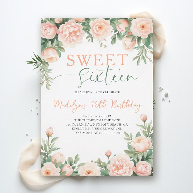 Peonies Peach Pink Floral Elegant Script Sweet 16 Invitation (sweet sixteen birthday invitation peony floral peach pink green script elegant classy watercolor)