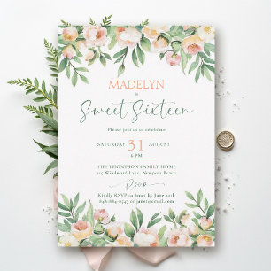 Peonies Peach Pink Script Elegant Floral Sweet 16 Invitation