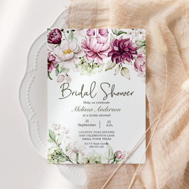 Peonies Pink Burgundy Floral Bridal Shower Invitation (Creator Uploaded)
