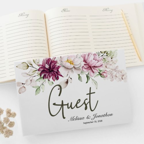 Peonies Pink Burgundy Floral Elegant Wedding Guest Book