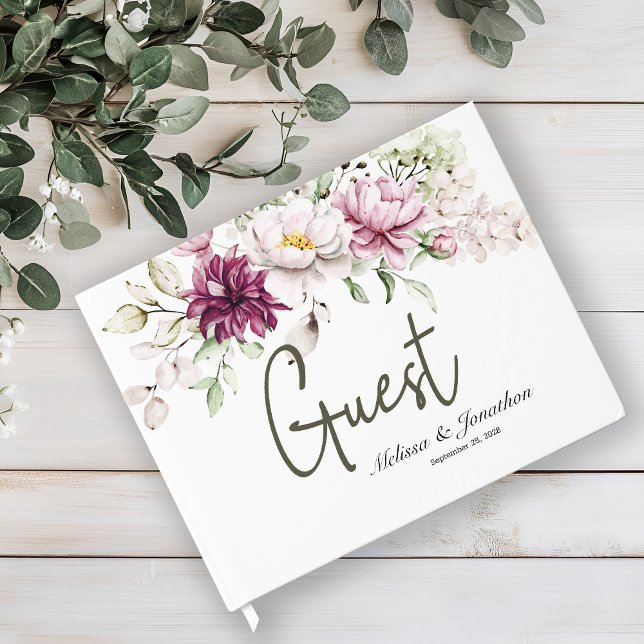 Peonies Pink Burgundy Floral Elegant Wedding Guest Book (Creator Uploaded)