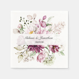 Peonies Pink Burgundy Floral Romantic Wedding Napkins