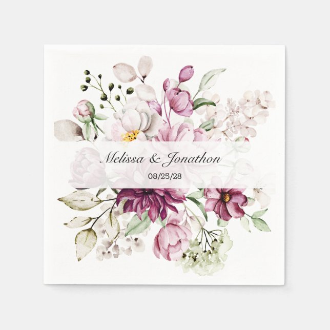 Peonies Pink Burgundy Floral Romantic Wedding Napkins (Front)