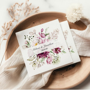 Peonies Pink Burgundy Floral Romantic Wedding Napkins