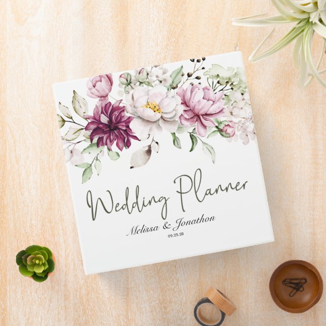 Peonies Pink Burgundy Floral Wedding Planner 3 Ring Binder (In Situ)