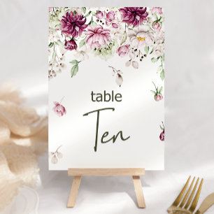 Peonies Pink Burgundy Floral Wedding Table Number
