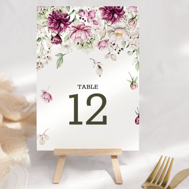 Peonies Pink Burgundy Floral Wedding Table Number (Creator Uploaded)