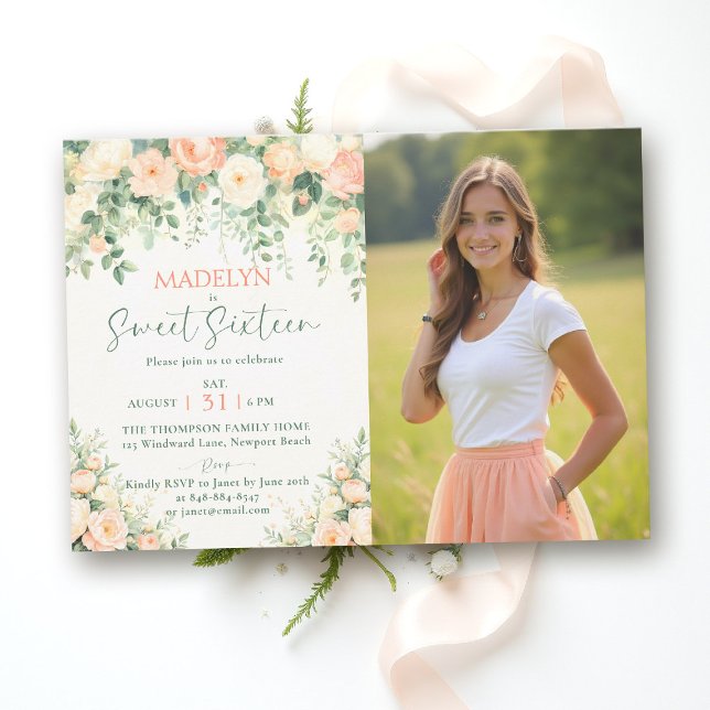 Peonies Pink Peach Elegant Script Photo Sweet 16 I Invitation (sweet sixteen birthday invitation peony floral peach pink green script elegant classy photo chic)
