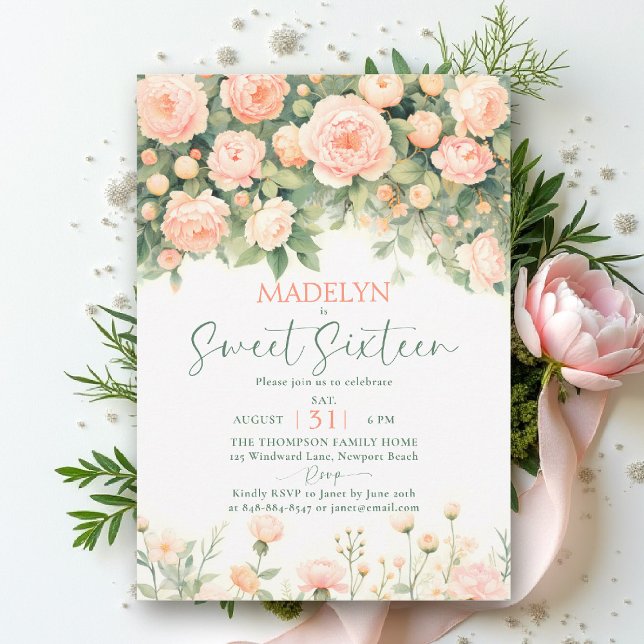 Peonies Pink Peach Script Elegant Floral Sweet 16 Invitation (sweet sixteen birthday invitation peony floral peach pink green script elegant classy chic)